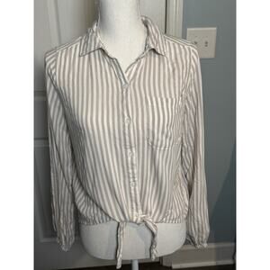 Aeropostale Women’s Striped, Tie, Button-up Shirt, Beige/White, Medium